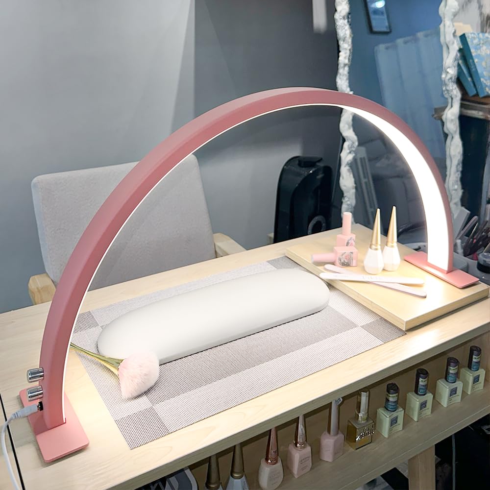 Half Moon Light for Nail Desk, 29" 50W Professional LED Light with 3 Color Temperatures & Dimmer, Multi-Purpose Lighting for Eyelash Extensions, Nail Art, Tattoos, Reading (Pink)