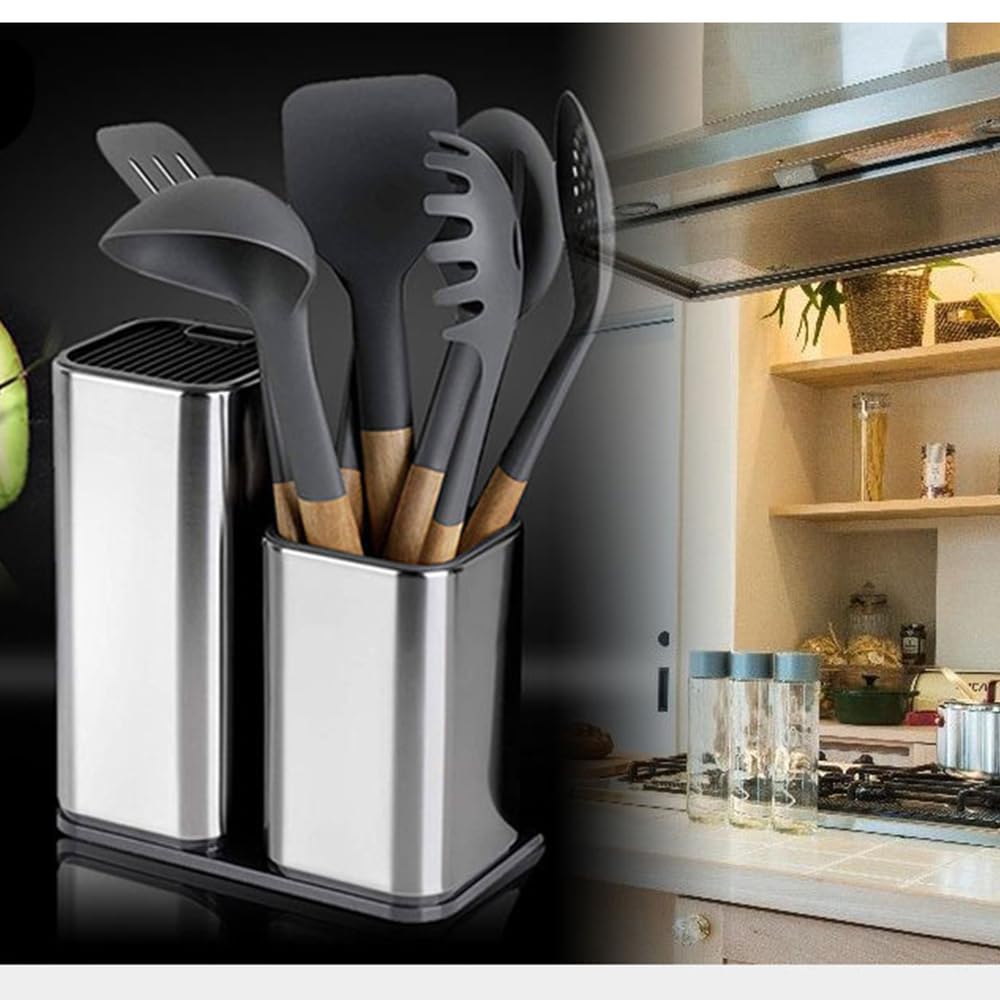 2 en 1 Bloque de, Soporte Cuchillos Cocina, Porta Cuchillos Universal, Cuchillero para Cocina Sin Cuchillo, Portacuchillas con Ranura Extraíble y Orificio de Drenaje