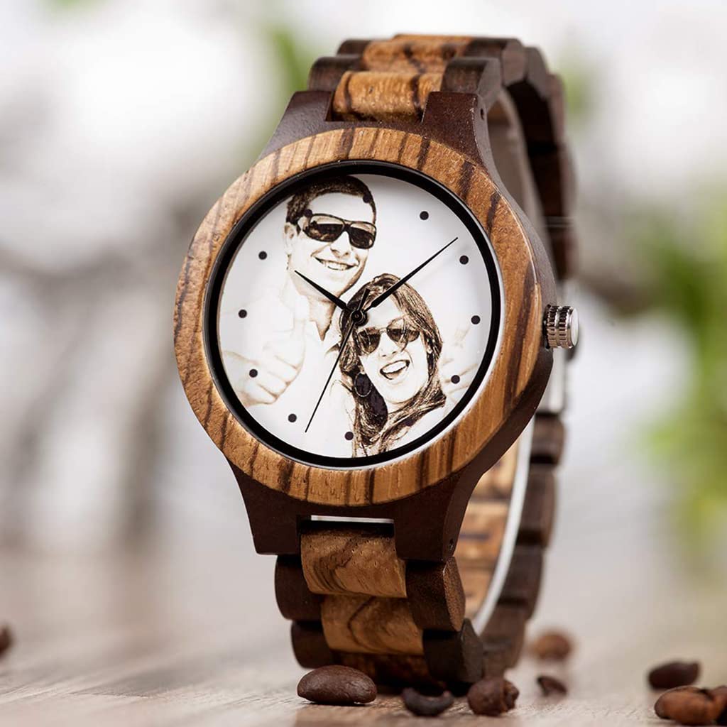Reloj de Madera Personalizado para Hombres Relojes de Madera Natural con Foto grabada Pulsera Ajustable para Regalo Aniversario de cumpleaños para esposopapá Hijo o Novio