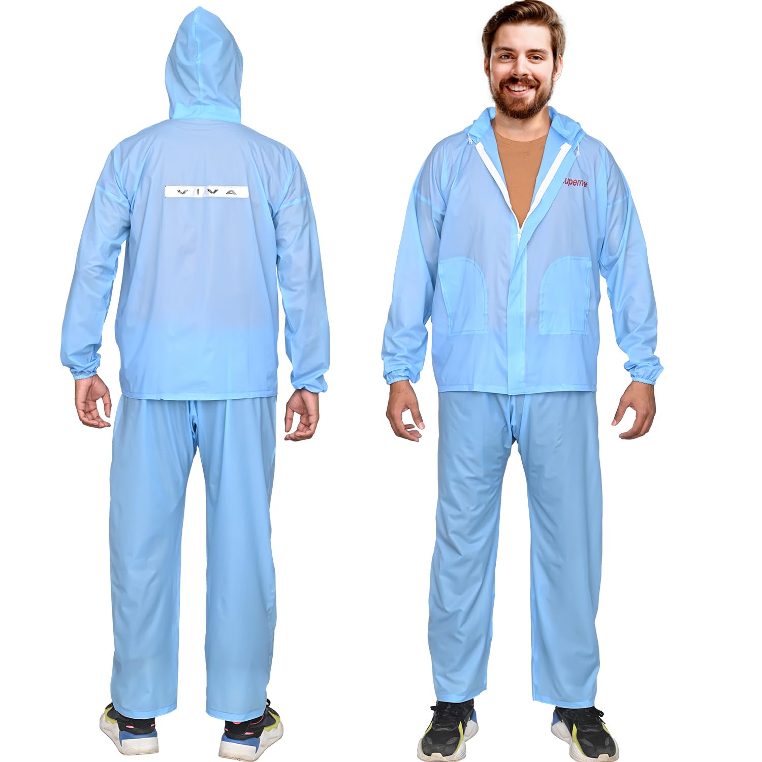 HACER Super Net Raincoat with Hood Water Resistant Bike Rainsuit Adjustable Hem Side Pockets Rainwear Set of Top Bottom & Storage Bag (Universal, Blue)