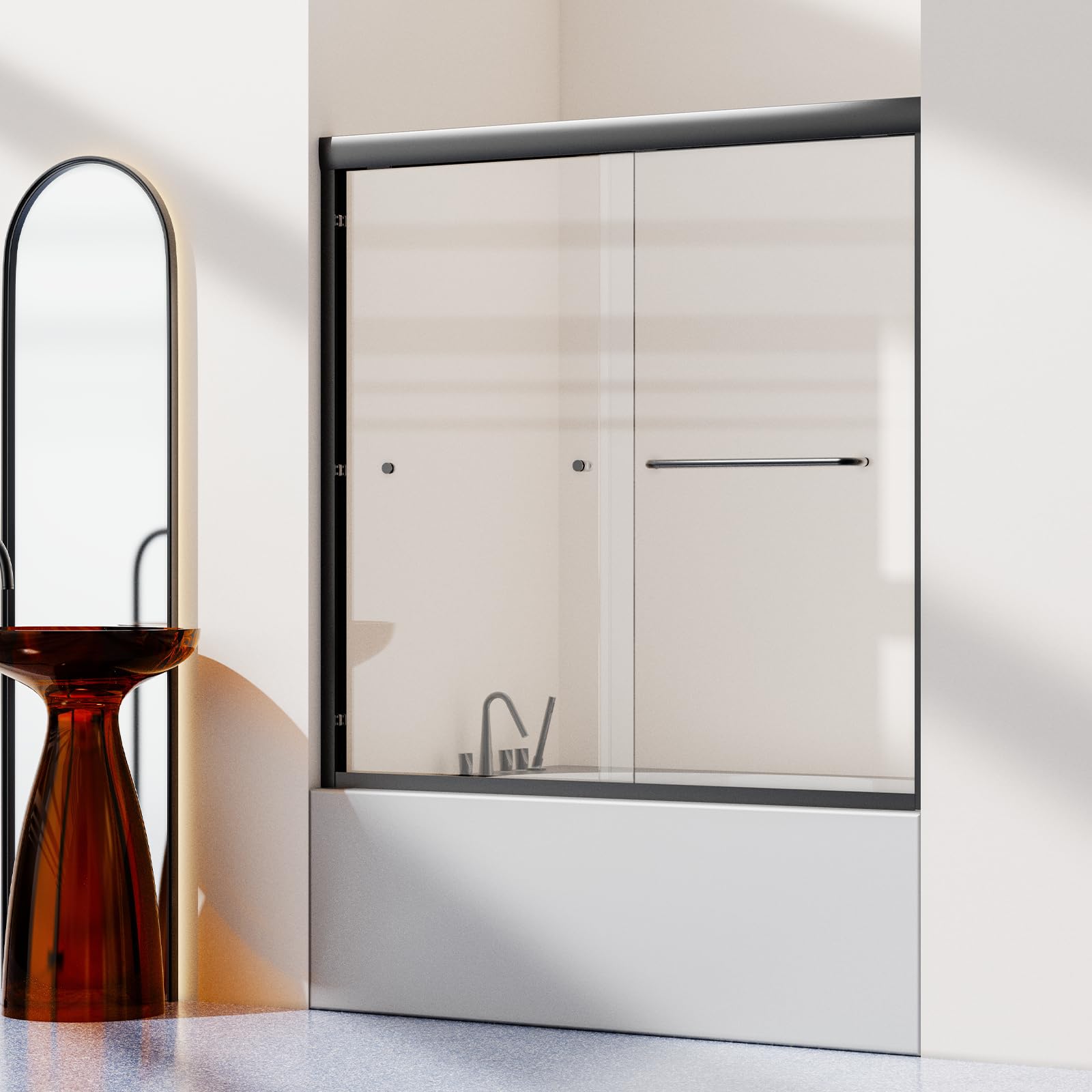 60-58 in. Semi-Frameless Double Sliding Tub Door, Shower Door, Bypass Bathtub Door, Tub Shower Door, SGCC Tempered Glass Door with Explosion-Proof Film, Stainless Steel, Matte Black