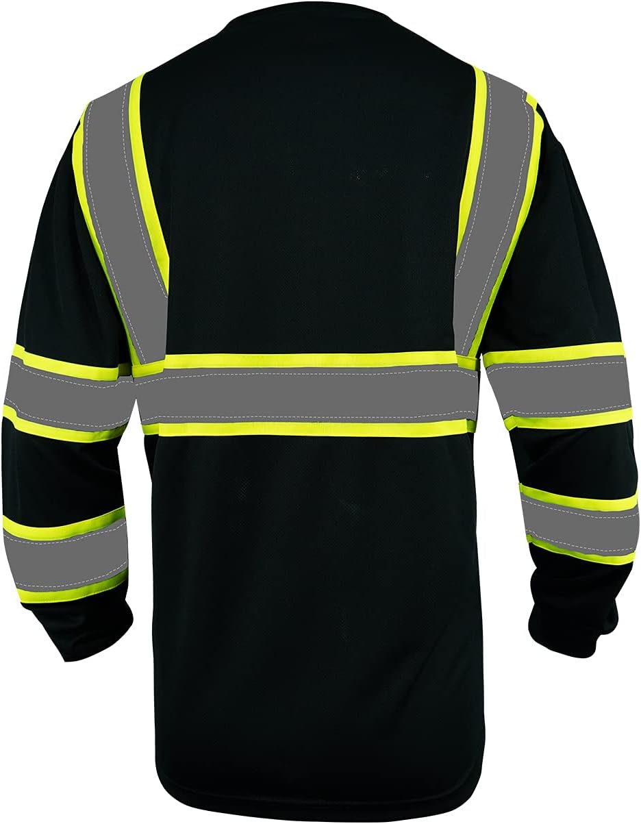 Pomerol Long Sleeve Safety Shirt High-Visibility Reflective 3 Packs Breathable Black Unisex Safety T-Shirt with Hi-Vis Strip and Front Packet for Work Cycling Runner Surveyor Guard Construction : Tools & Home Improvement