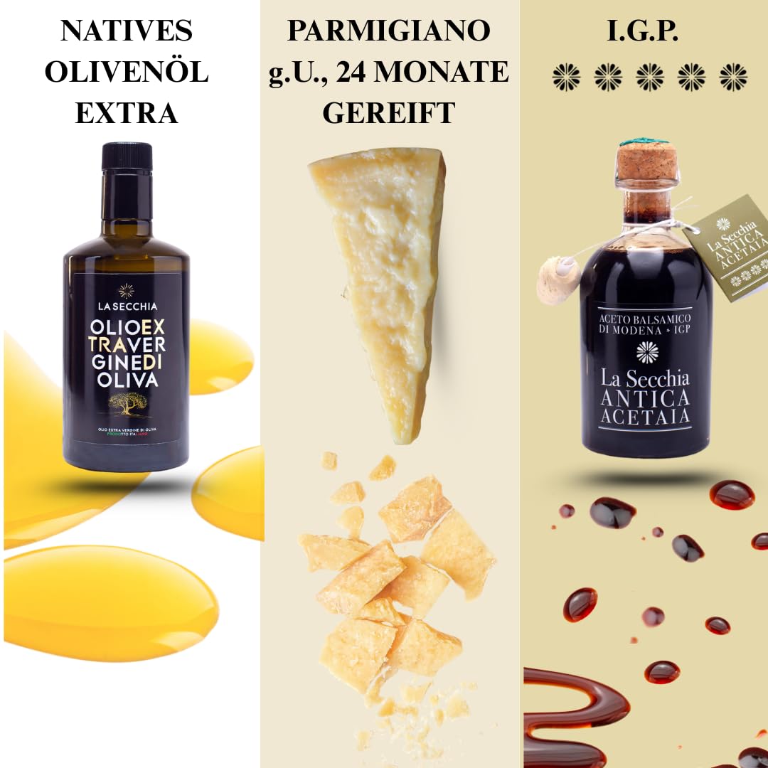 La Secchia – Handgemachter Feinschmecker-Korb, Natives Olivenöl extra, Aceto Balsamico di Modena g.g.A., Parmigiano Reggiano, Gourmet-Set mit typischen italienischen Spezialitäten, Geschenktasche inkl