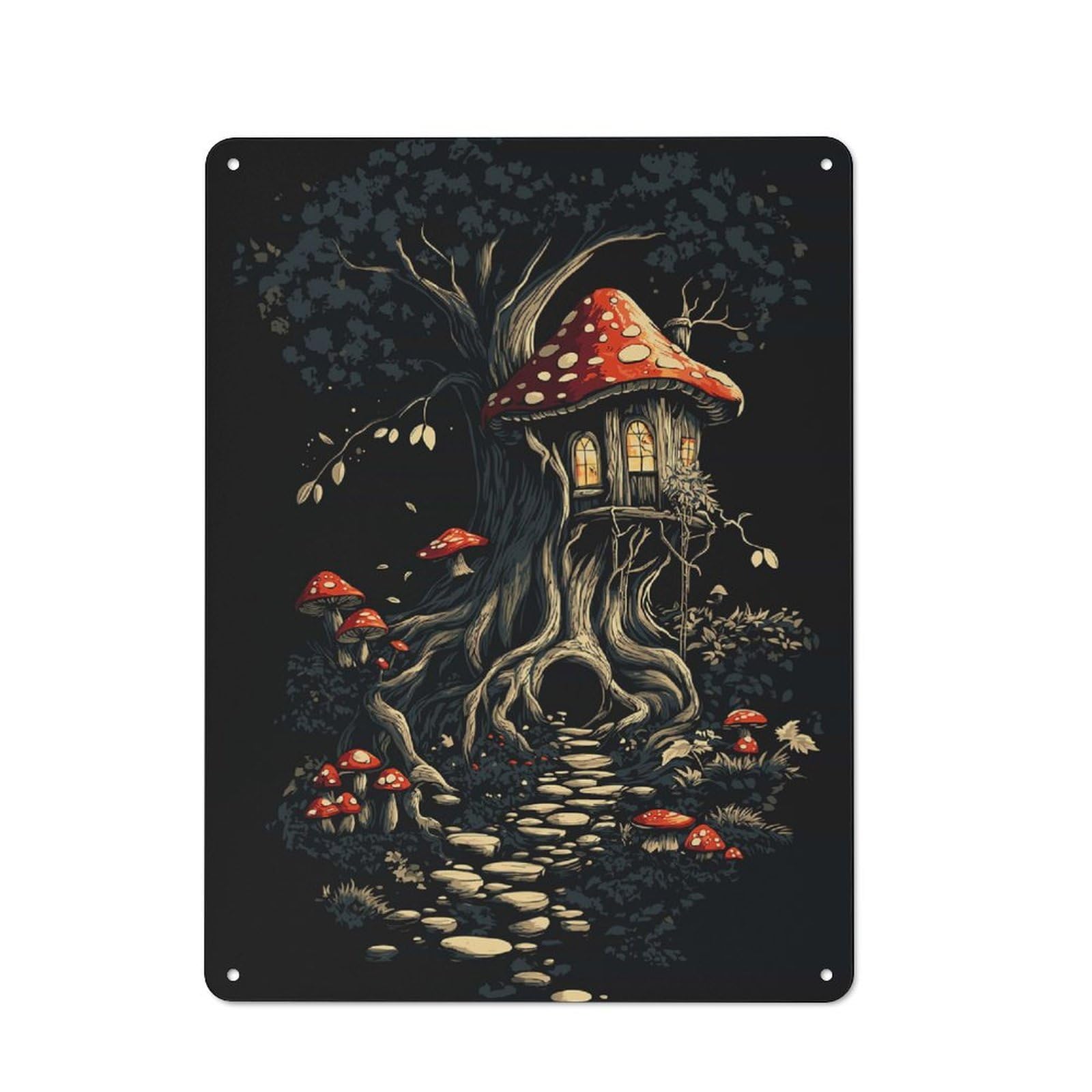 Junmoney Goblincore - Mushroom House In The Woods Rustic Metal Sign 40X30cm For Lounge Or Reading Corner, For Reading Corner Decorators
