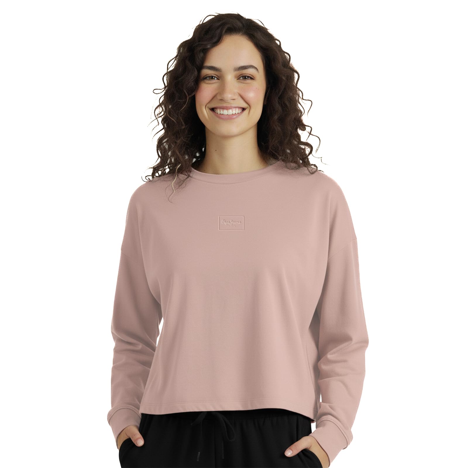 pepe jeans Women's Solid Cotton Poly Relaxed Fit T-Shirt | Crop Length Full Sleeve Top with Ribbed Cuffs | Soft Breathable Fabric | Round Neck | Tonal Embossed Logo | Cosy Casual Everyday Wear-picture-18