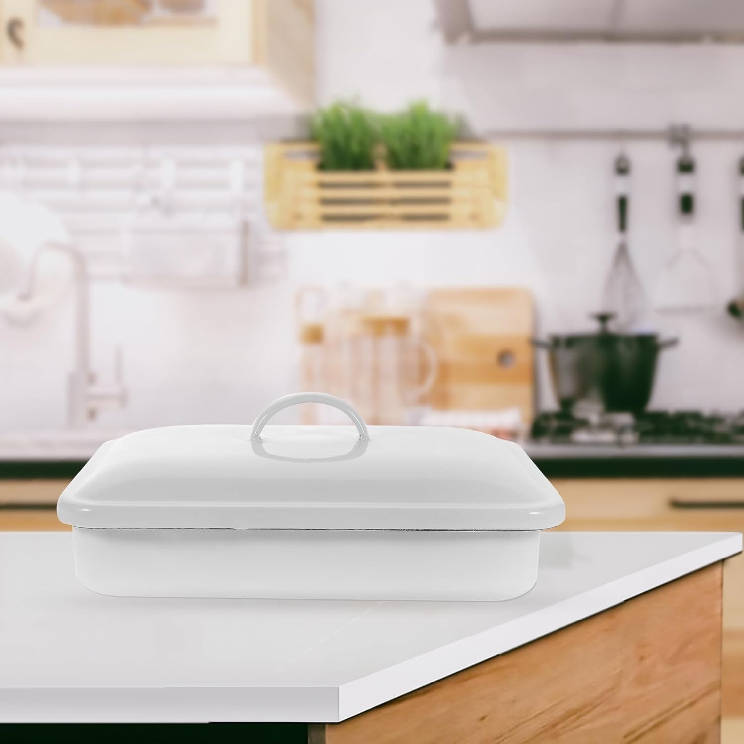 Thickened White Enamel Rectangular Baking Tray with Lid 30x20cm Wear-resistant Heat-resistant Oven Pan for Kitchen Food Storage and Restaurant Use