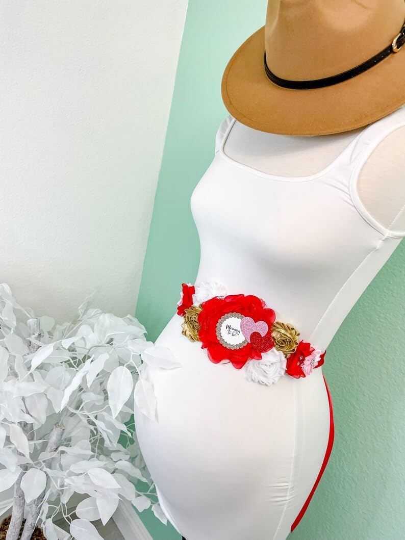 Mommy & Daddy to Be Baby Shower Sash and Badge Set – Red, White, Pink Floral Design with Glitter Hearts – Gender Reveal Party Decorations & Gifts for Expectant Parents
