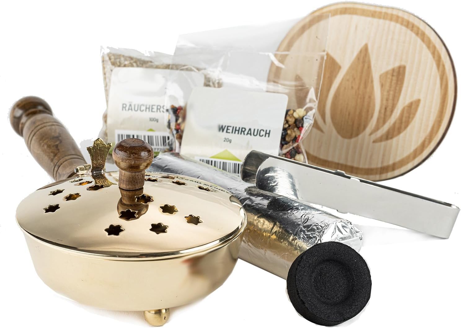 Set di 6 padelle per affumicare, per incenso, resine, incl. incenso, carbone di incenso, sabbia per affumicatura, pinza per incenso