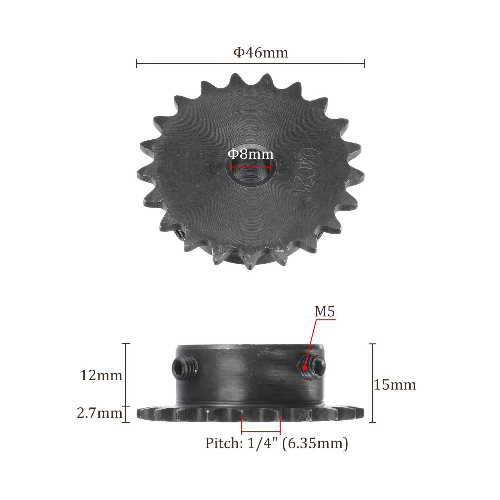 Kozelo Roller Sprocket B Type - [21 Tooth x 8mm ID] Carbon Steel with 2pcs Screw Chain Sprocket for Milling Drilling Machines ISO 04C Use | 1/4 Inch Pitch, #25 Chain