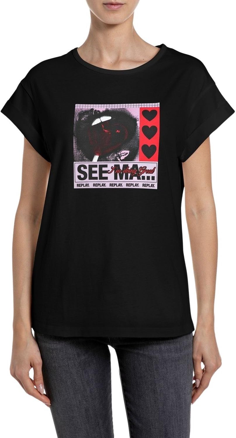 Replay Women's Short-Sleeved T-Shirt, 098 Black, L