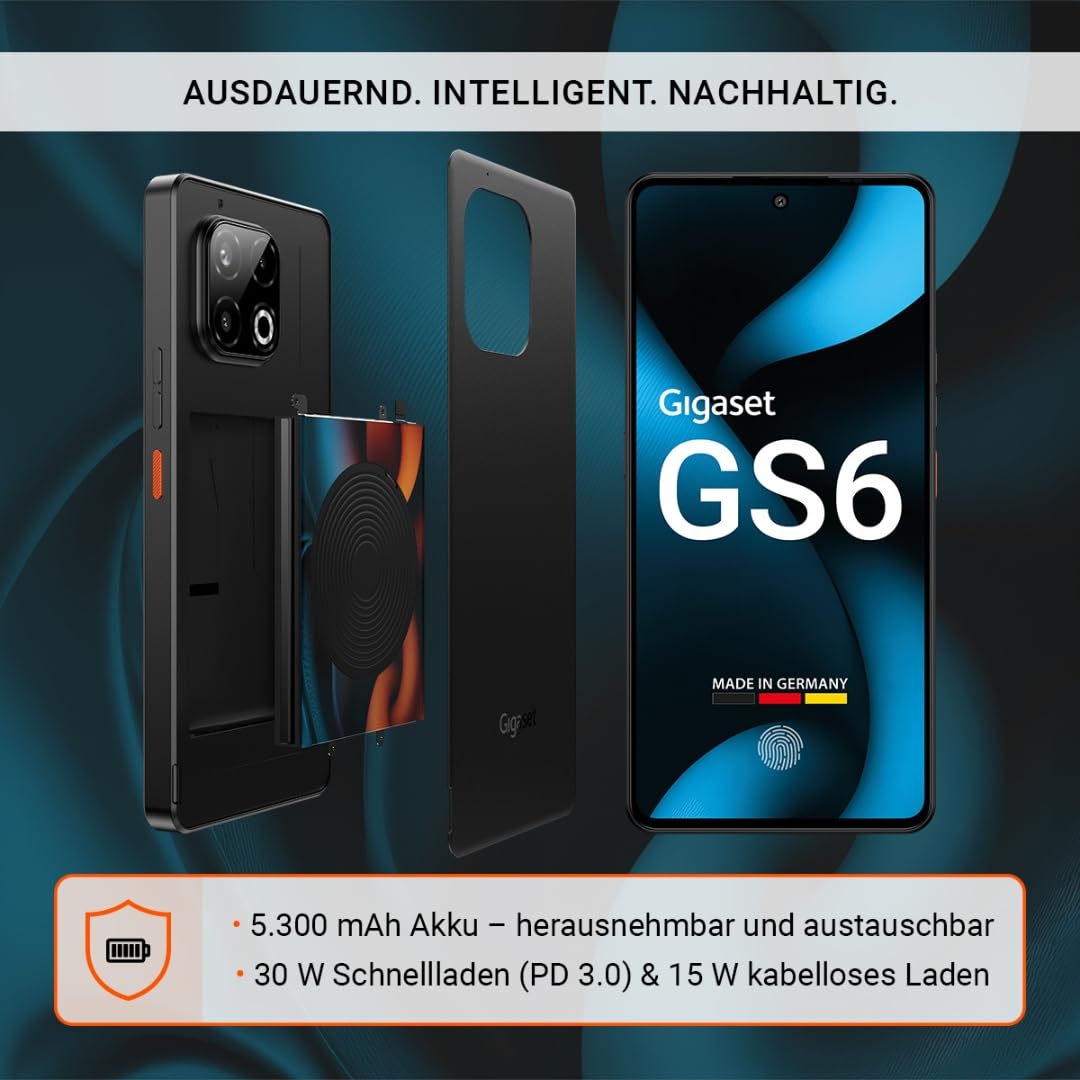 Gigaset GS6 Smartphone – 128GB+8GB RAM - 6,67" FHD+ OLED-Display mit 120Hz - Octa-Core 5G Prozessor - 64+8+2MP Triple-Kamera - 5.300mAh (typ.) Akku, herausnehmbar - Android 15 - Made in Germany, black