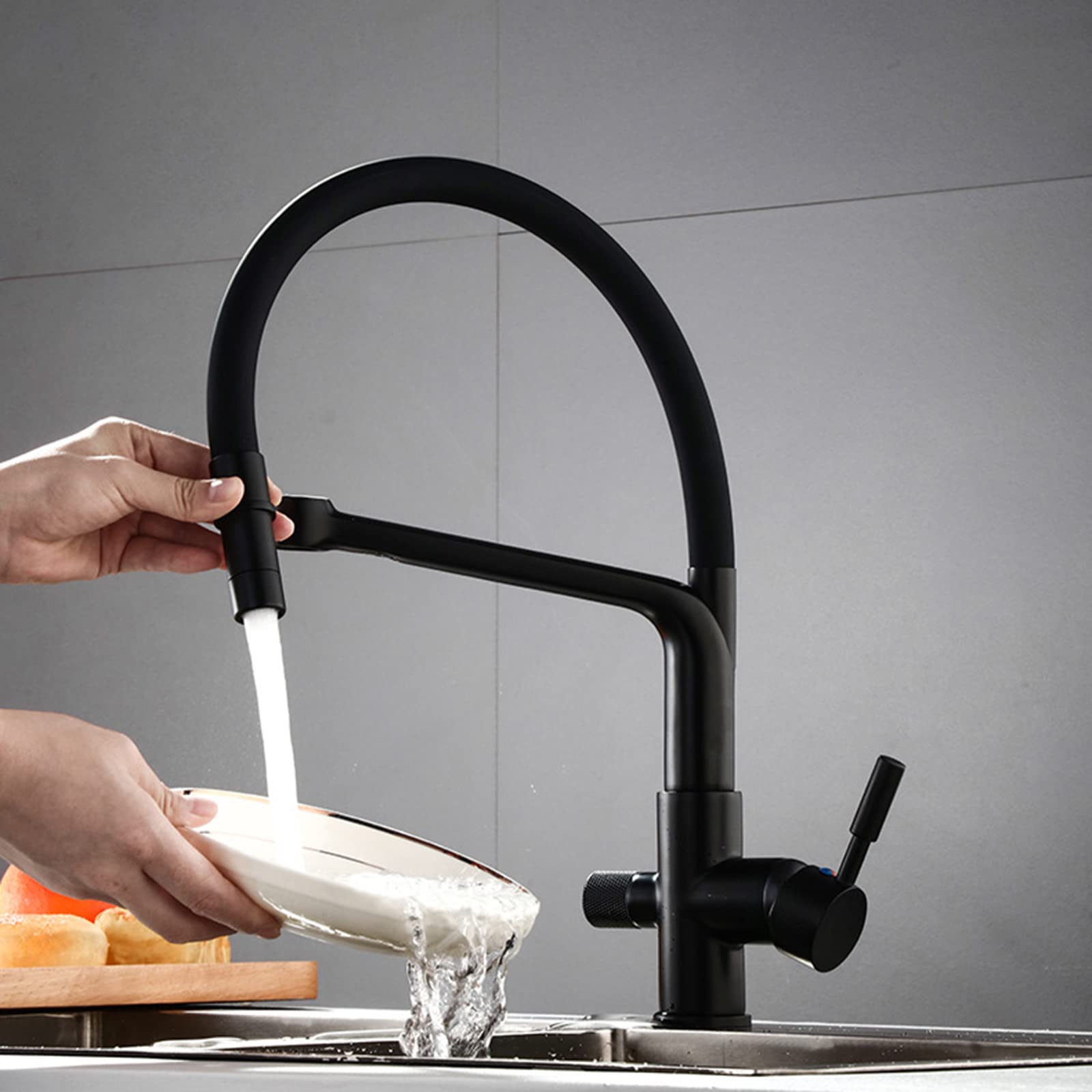 Grifo Cocina Extraible Osmosis Grifo 3 Vias Osmosis Arco Alto Doble Mango 3 en 1 Griferia de Cocina Grifo para Fregadero Filtro Agua Grifo Cocina Pistola Gris