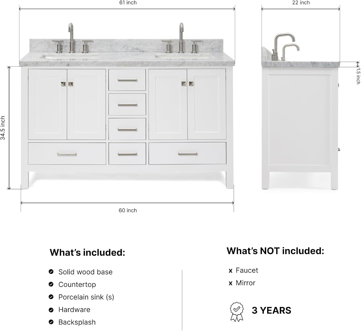 DKB Beckford 60-Inch White Double Bathroom Vanity with 1.5-Inch Edge Italian Carrara Marble Countertop & Backsplash, Rectangular Sinks, 4 Soft Closing Doors, 6 Dovetail Drawers, Matte Black Hardware