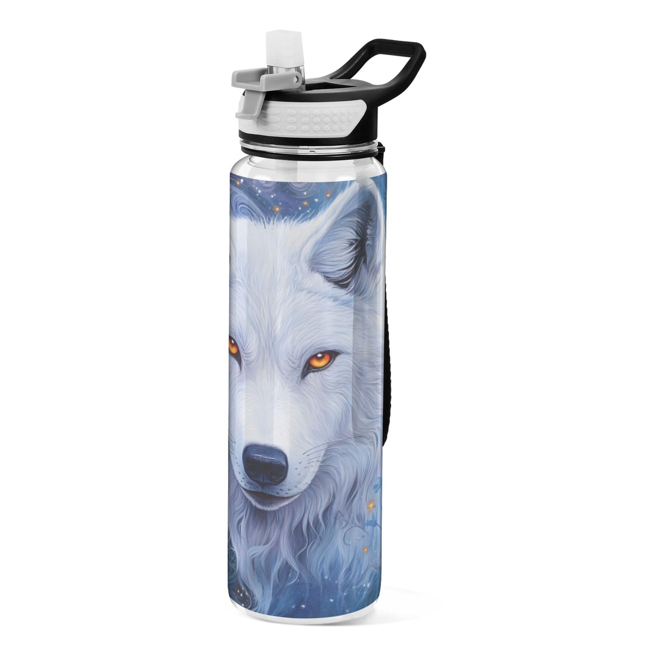 Sevdomey Wolf Water Bottle With Straw Lid Clear Leakproof Gym Water Bottles For Outdoor Sport Drinking Fitness Workout Travel, 32 Oz