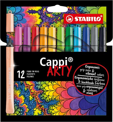 Image of STABILO Felt Tip Pen Cappi Wallet of 12 Assorted Colours | Washable felt-tip pens with clip-on cap-rings kids can wear and a safe vented cap; bright colours; set of 12