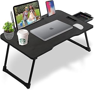 Callas Multi-Purpose Laptop Table with | Cup Holder | Drawer | Mac Holder | Study Table/Bed Table/Breakfast Table/Foldable and Portable Wooden Table (CA-39-Black)