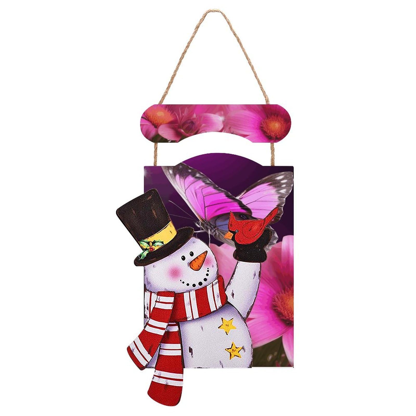 Pink Flower And Butterfly Snowman Sign Wooden Hanging Door Sign Christmas Door Decor Christmas Snowman Wooden Hanging Sign Wall Art for Indoor Outdoor Porch Wall