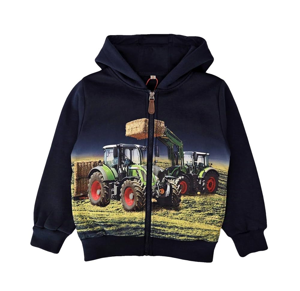 SQUARED & CUBED Blaue Jungen Kapuzenjacke Traktor Frontlader Fotodruck mit grünem Trecker Hoodie Farmer Landwirt H-471