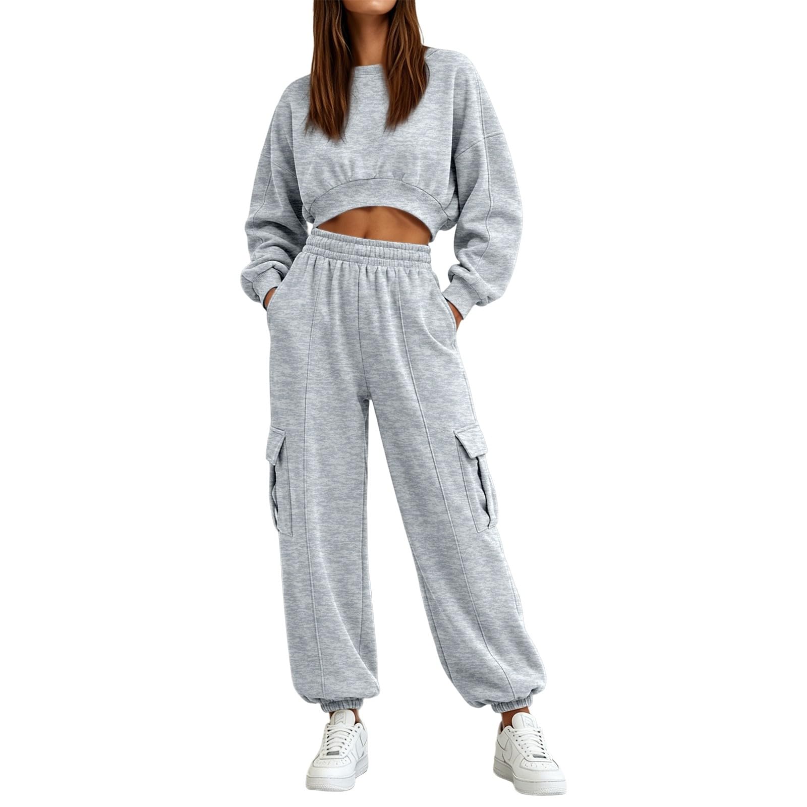 Tuta da jogging da donna, 2 pezzi, felpa corta oversize, pantaloni larghi in vita elasticizzata con coulisse, abbigliamento sportivo elegante, per fitness, yoga, rilassante, uscite casual