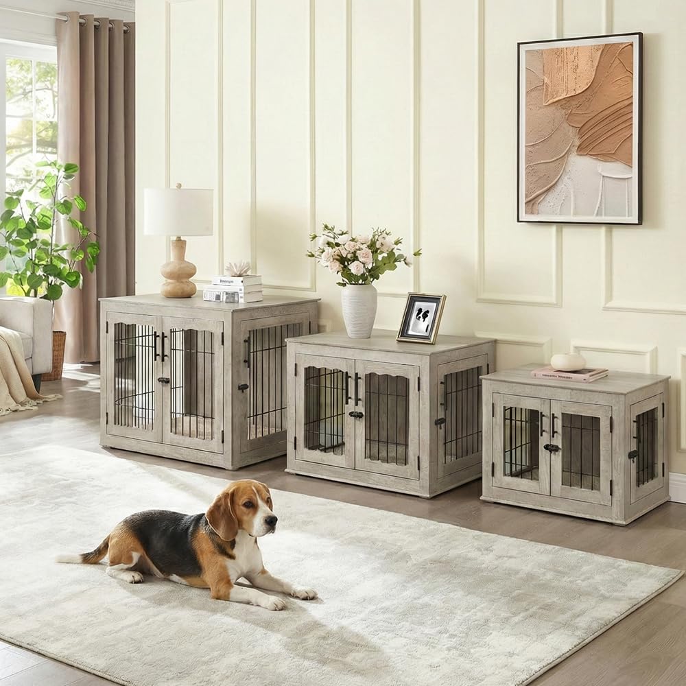 beeNbkks Furniture Style Dog Crate End Table, Double Doors Wooden Wire Dog Kennel with Pet Bed, Decorative Pet Crate Dog House Indoor Medium Large - image 3
