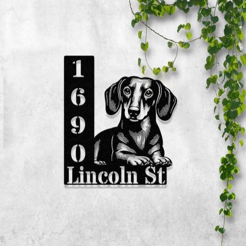 Personalized Dachshund Dog Address Sign, Custom Metal House Number with Dachshund Design, Outdoor Wall or Yard Decor, Pet Lover Home Decor (Dachshund Dog House Number)