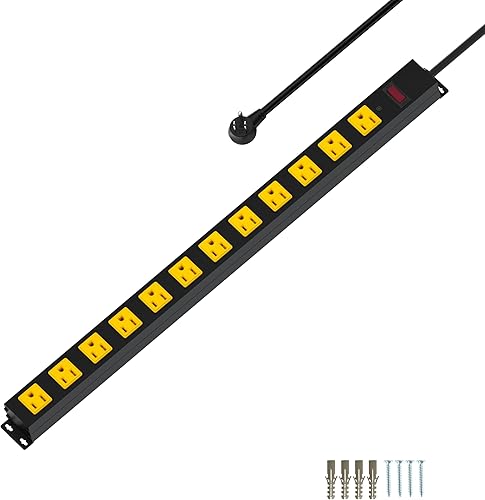 Regleta de alimentación de metal para montaje de 12 tomas, protector de sobretensiones, cable resistente de gran espacio y montaje en pared para