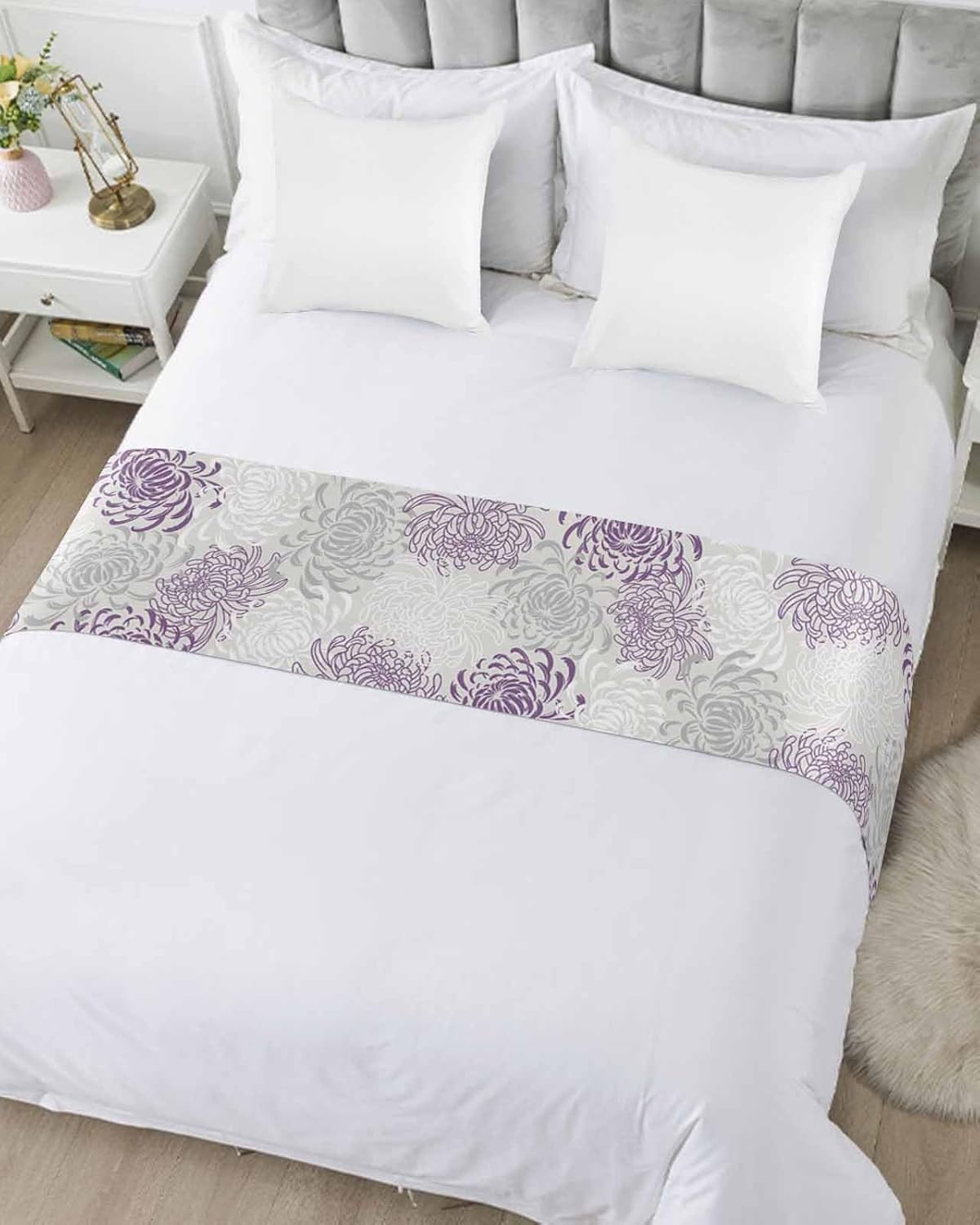 Smile Sunflower Bed Runner Scarf Purple White Abstract Daisy Floral Bedding Scarf Decorative Bed Runners Cover for Home Bedroom Hotel Wedding Room Bed Scarf for Foot of Bed King 102x20in