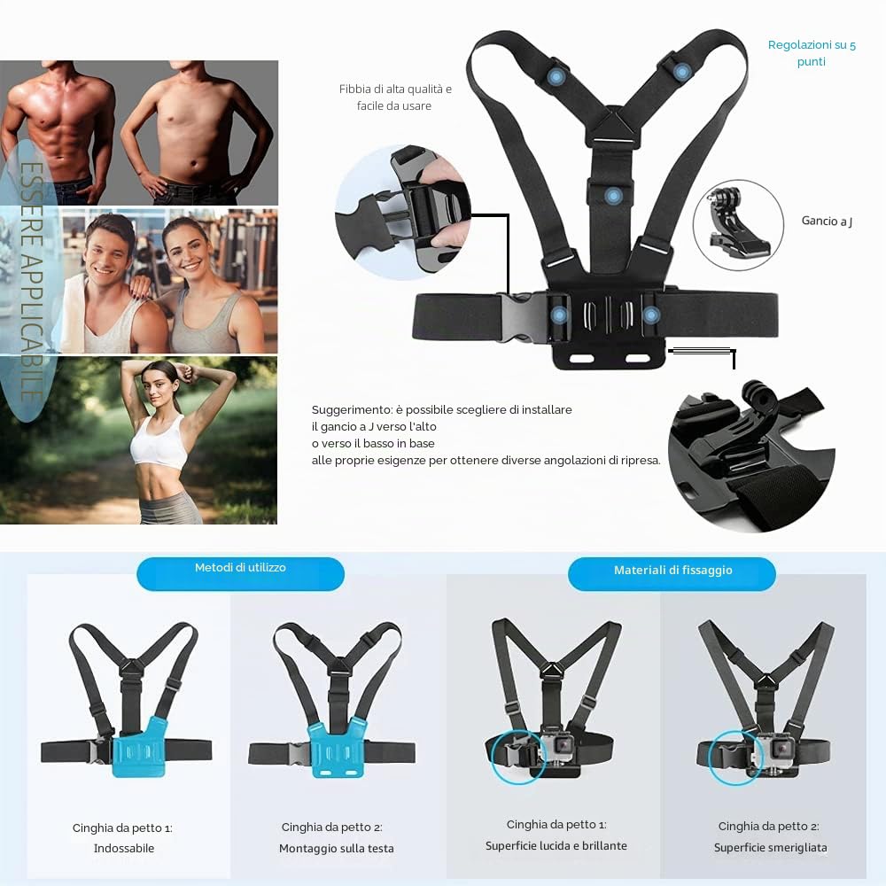TEKCAM Kit Accessori per Action Cam 4 in 1 Compatibile con GoPro Hero 13 12 11 10/ AKASO Brave 4 Pro/COOAU/DJI Osmo Action 4 5 Pro/SJCAM/Insta360, Imbracatura da Petto Fascia da Testa