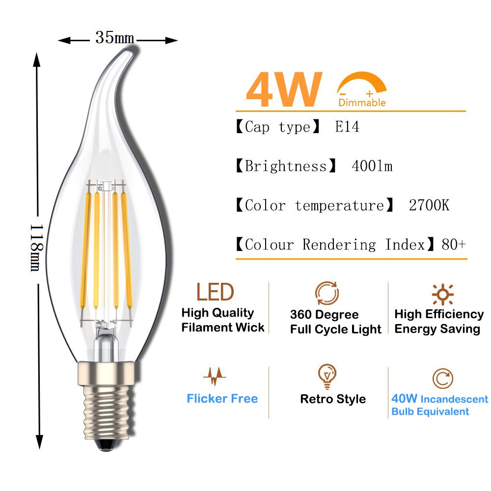 E14 Led Candle Bulbs,Non Dimmable,SES C35 Small Edison Screw Light Bulb, 4W (40W Equivalent),Warm White 2700K, Pack of 12 - Image 2
