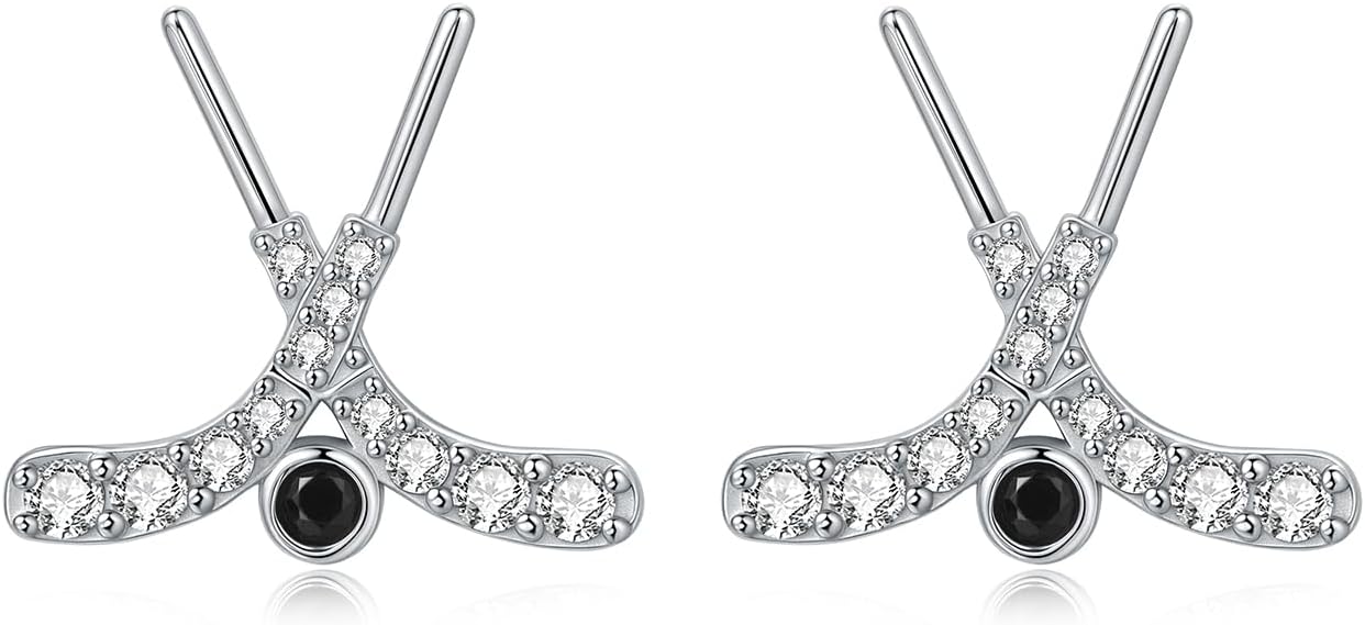 925 Sterling Silver Hockey Earrings Stud Hypoallergenic Ice Hockey Stick Jewelry Gifts for Women Players Lovers