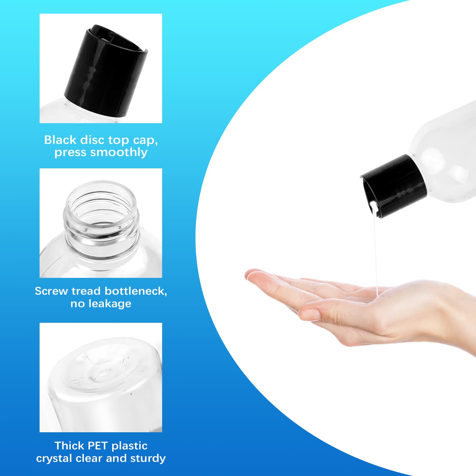 34 bottiglie da viaggio in plastica con tappo a disco, vuote, ricaricabili, da spremere, per shampoo, lozioni, creme, articoli da toeletta e sapone liquido per il corpo (trasparente, 226,8 g)