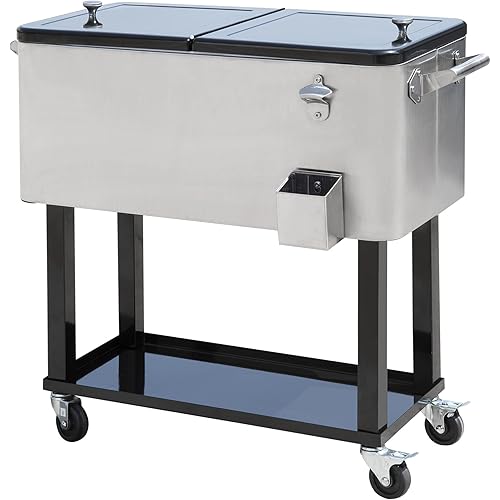 Outsunny 80 QT Rolling Cooling Bins Ice Chest on Wheels Outdoor Stand Up Drink Cooler Cart for Party, Stainless Steel