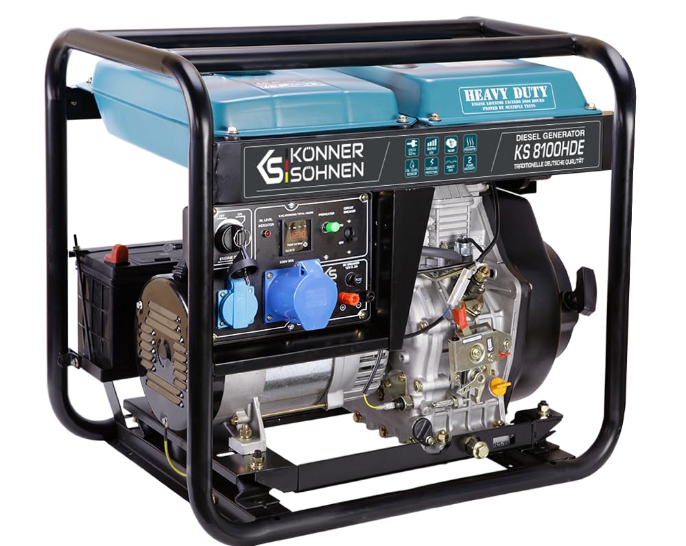 Könner & Söhnen KS 8100HDE Groupe électrogène avec horloge diesel 14 CV 4 temps avec démarreur électronique, régulateur de tension automatique 230 V, préchauffeur, affichage LED, 1 x 16 A, 1 x 32 A