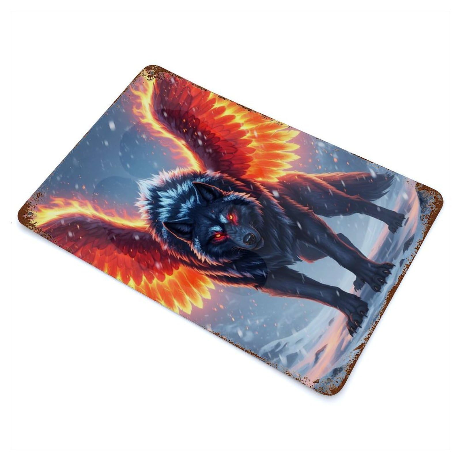 Rust Effect Tin Sign with Winged Wolf with Fiery Wings Design 11.8"x7.9", for Pub, Kitchen And Man Cave Decor, Industrial Home Decor