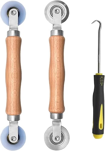 BAYTORY Herramienta de pantalla de 3 piezas, herramienta de rodillo estriado para ventana con mango de madera y ruedas de rodamiento de aceronailon,