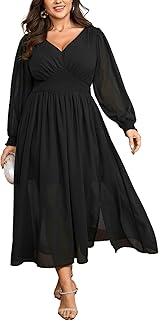 Womens Plus Size Formal Dresses Chiffon Wedding Guest Long Sleeve V Neck Smocked Flowy Slit Maxi Dress