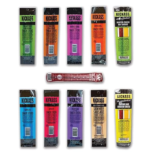 Kickass Beef Jerky Stick Sampler  21 palitos de carne seca y queso  13 sabores suaves incluyendo 1 palito de pollo a la barbacoa Walker Farms