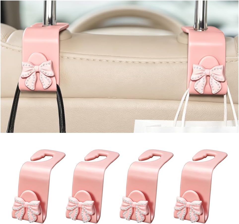 4PCS Car Seat Headrest Hook, Cute Bow Vehicle Backseat Purse Bag Storage Hanger, Multi-Purpose Auto Interior Seat Back Organizer Holder for Umbrella Hat Handbag, Universal Fit (Pink)