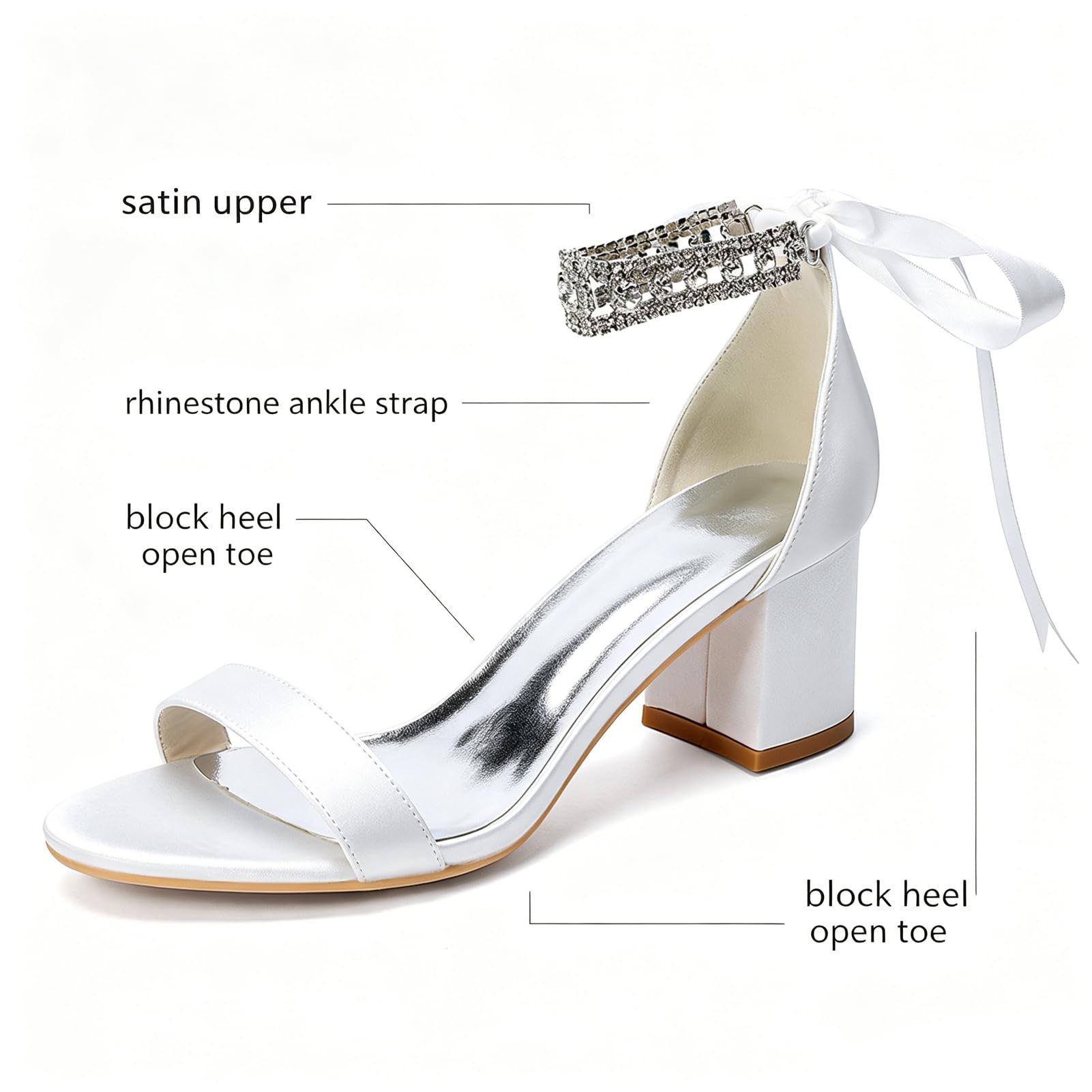 Sandalias de satén con tacón Ancho para Mujer, Puntera Abierta, Tira al Tobillo con pedrería y Lazada de Cinta; Ideales para Novias, Fiestas y Bodas de Noche.