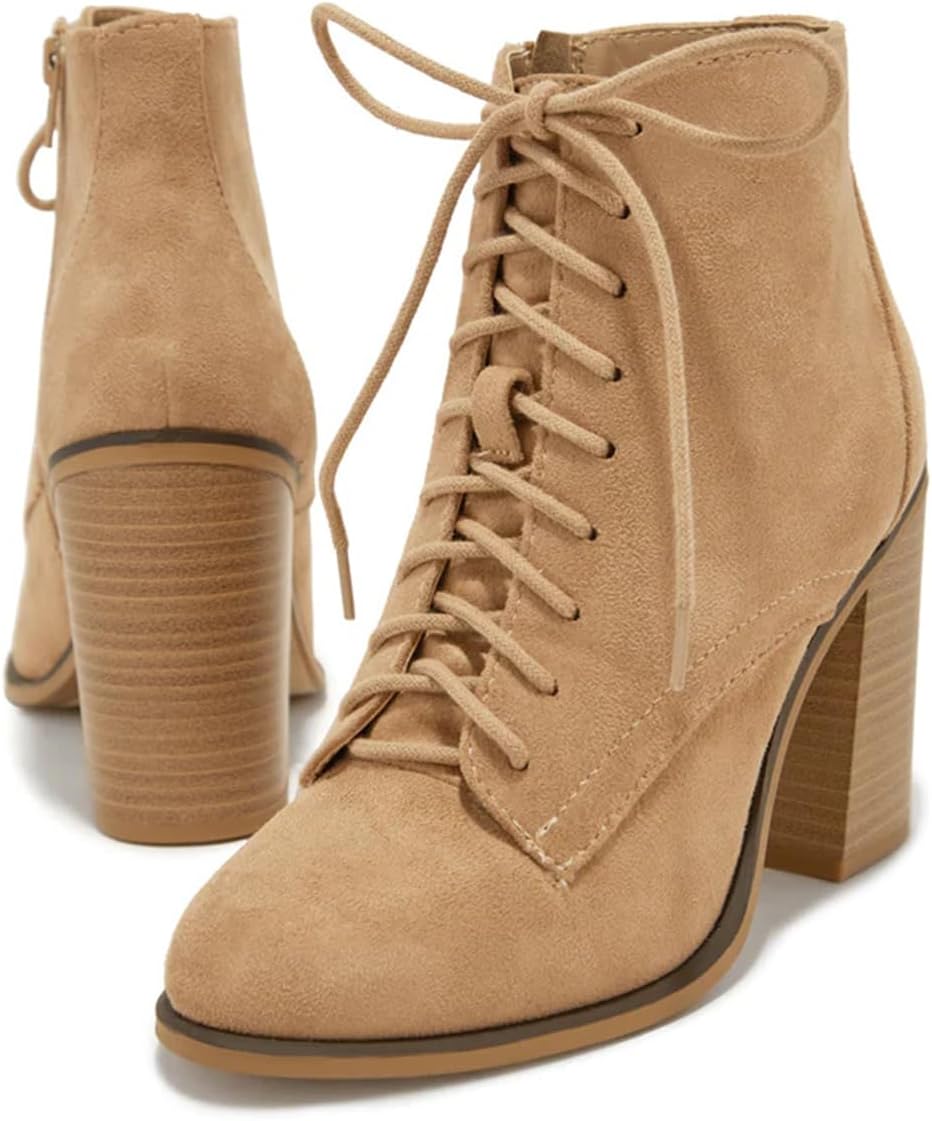 YDN Women Classic Ankle Boots Round Toe Lace Up Booties Block High Heels Side Zippers Shoes Working Business Daily Size 4-16 US