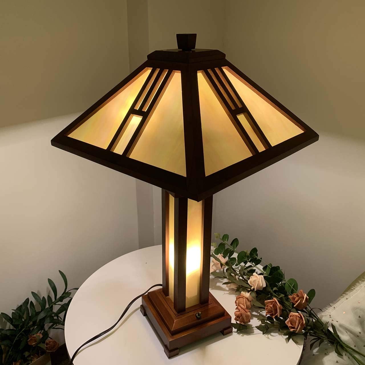 Bieye L10796 Mission Tiffany Style Stained Glass Table Lamp with Wooden Base, 26 inches Tall
