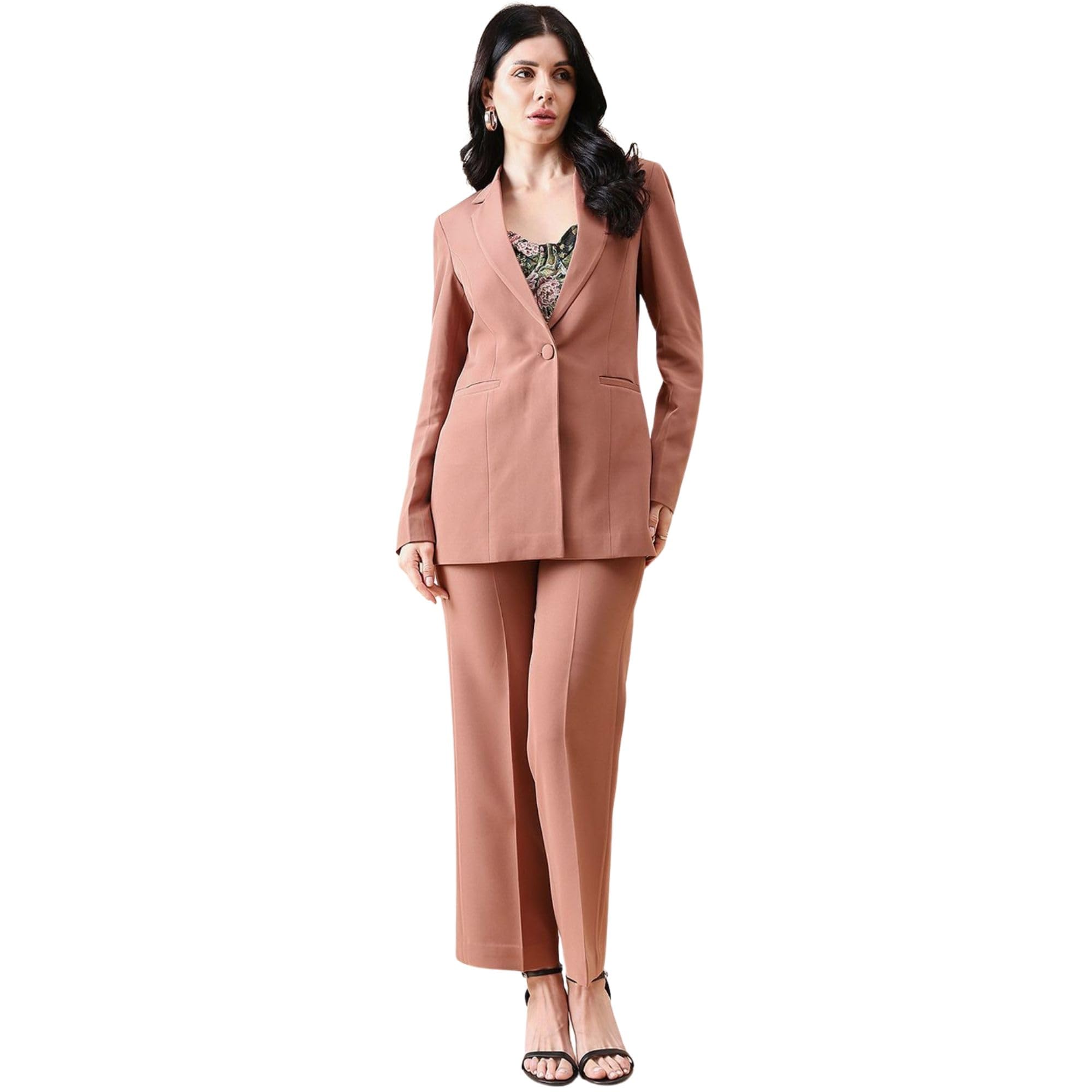 powersutra Women's Dusty Peach Notch Collar Stretch Blazer Suit with Trousers | Single-Breasted Blazer with Button Closure | Long Sleeves | Vented Back Hem | Formals with Zip Fly and Belt Loops-picture-15