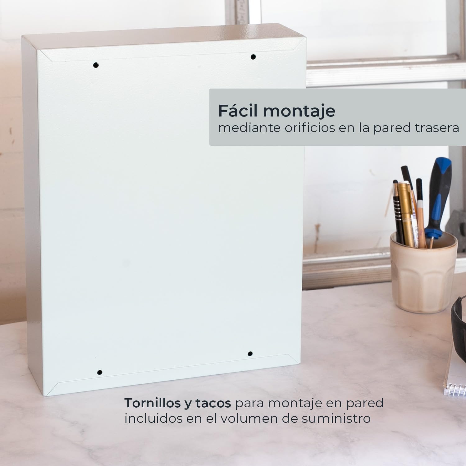 HMF Armario para Llaves de Acero, Caja de Llaves con Cerradura para Oficina, administración o Flota de vehículos | 42 Ganchos para Llaves | 35 x 27 x 8 cm | Gris Claro