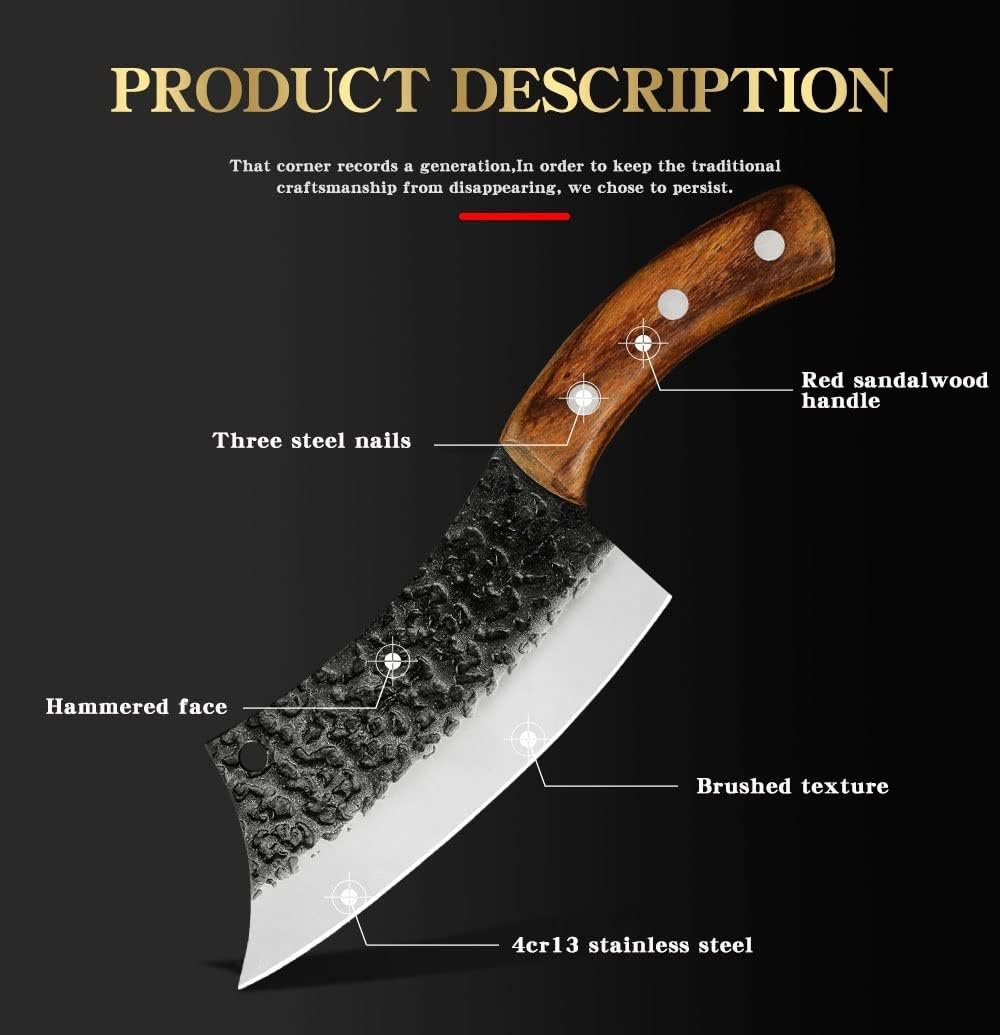 Meat Cleaver,Cleaver Knife 6 Inch Stainless Steel Hunter Knife Sharp Non-stick Thick Blade Slaughter Butcher Poultry Chopping Boning Knife Leather Sheath