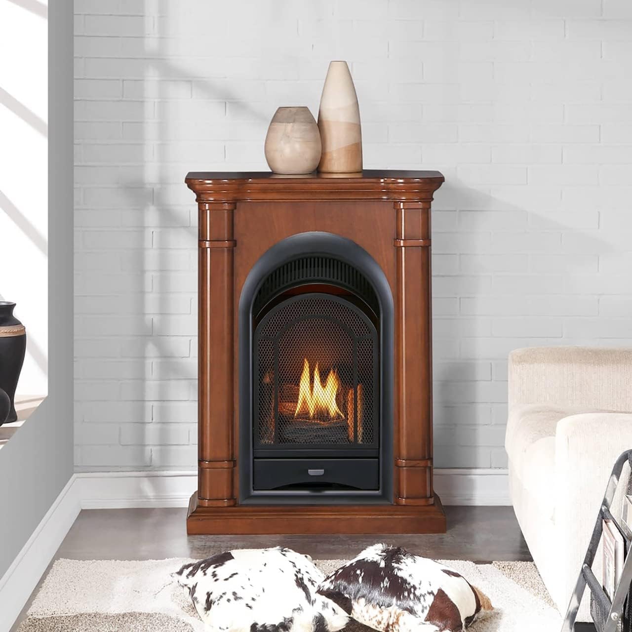 Amazon.com: ProCom Dual Fuel Ventless Gas Fireplace System with Mantle,  Thermostat Control, 4 Fire Logs, Use with Natural Gas or Liquid Propane,  10000 BTU, Heats up to 500 Sq. Ft., Apple Spice :