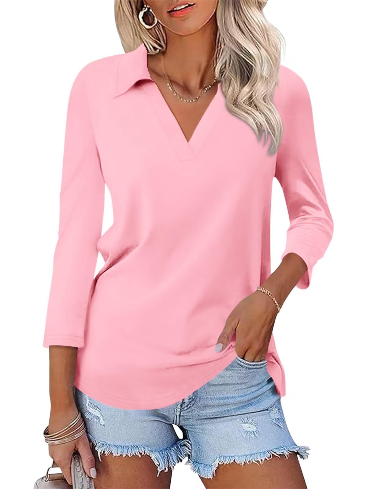 ORANDESIGNEWomen's 3/4 Sleeves V Neck Polo Shirts Casual Summer Tops Basic Collar Cute Tees