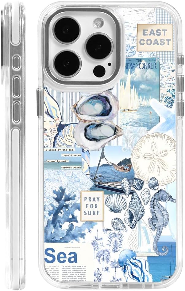 Cases for iPhone 15,Compatible with MagSafe,Classic Clear Shockproof Protection Magnetic Phone Case - Seashell Ocean Blue Retro Collage