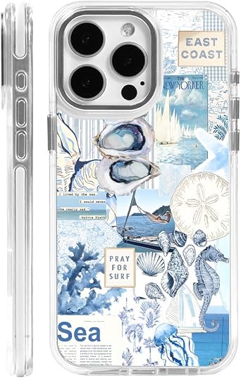 Cases for iPhone 16,Compatible with MagSafe,Classic Clear Shockproof Protection Magnetic Phone Case - Seashell Ocean Blue Retro Collage