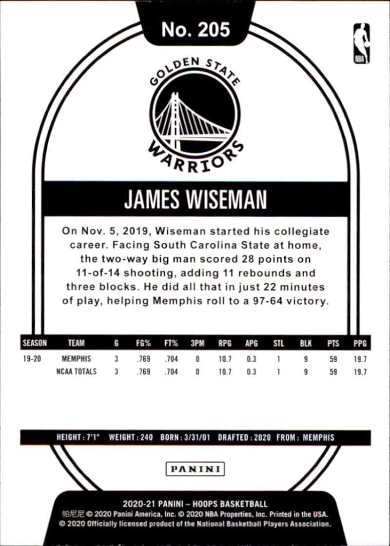 2020-21 Panini Hoops #205 James Wiseman Golden State Warriors Rookie Basketball Card