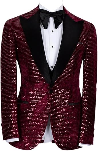 Men Shiny Sequin Suits 3 Pieces Set Peaked Lapel Tuxedos Blazer Vest Pants Wedding Party Outfits
